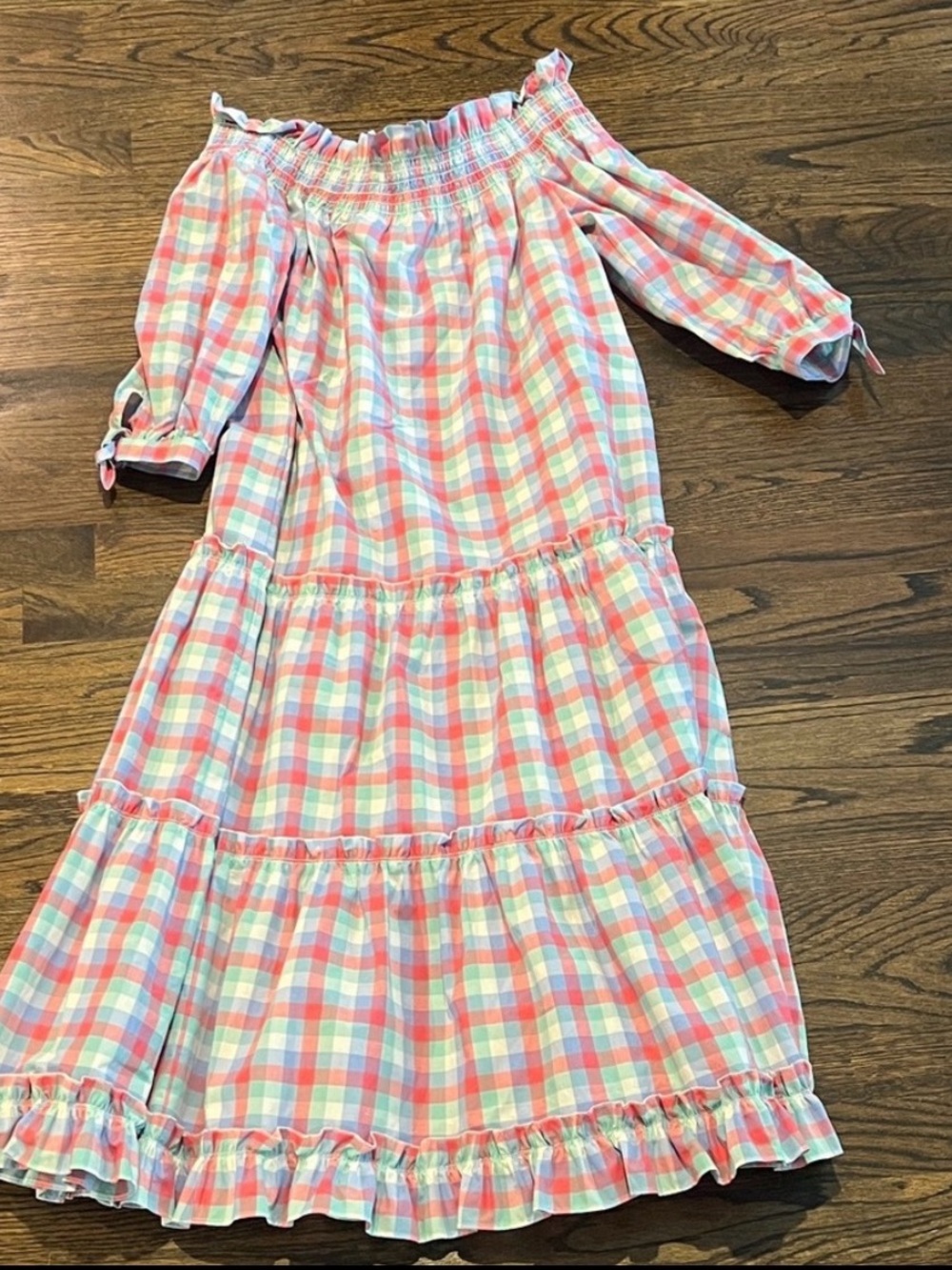 kate spade Pastel Pink, Blue & Mint Plaid Off-Shoulder Midi Dress